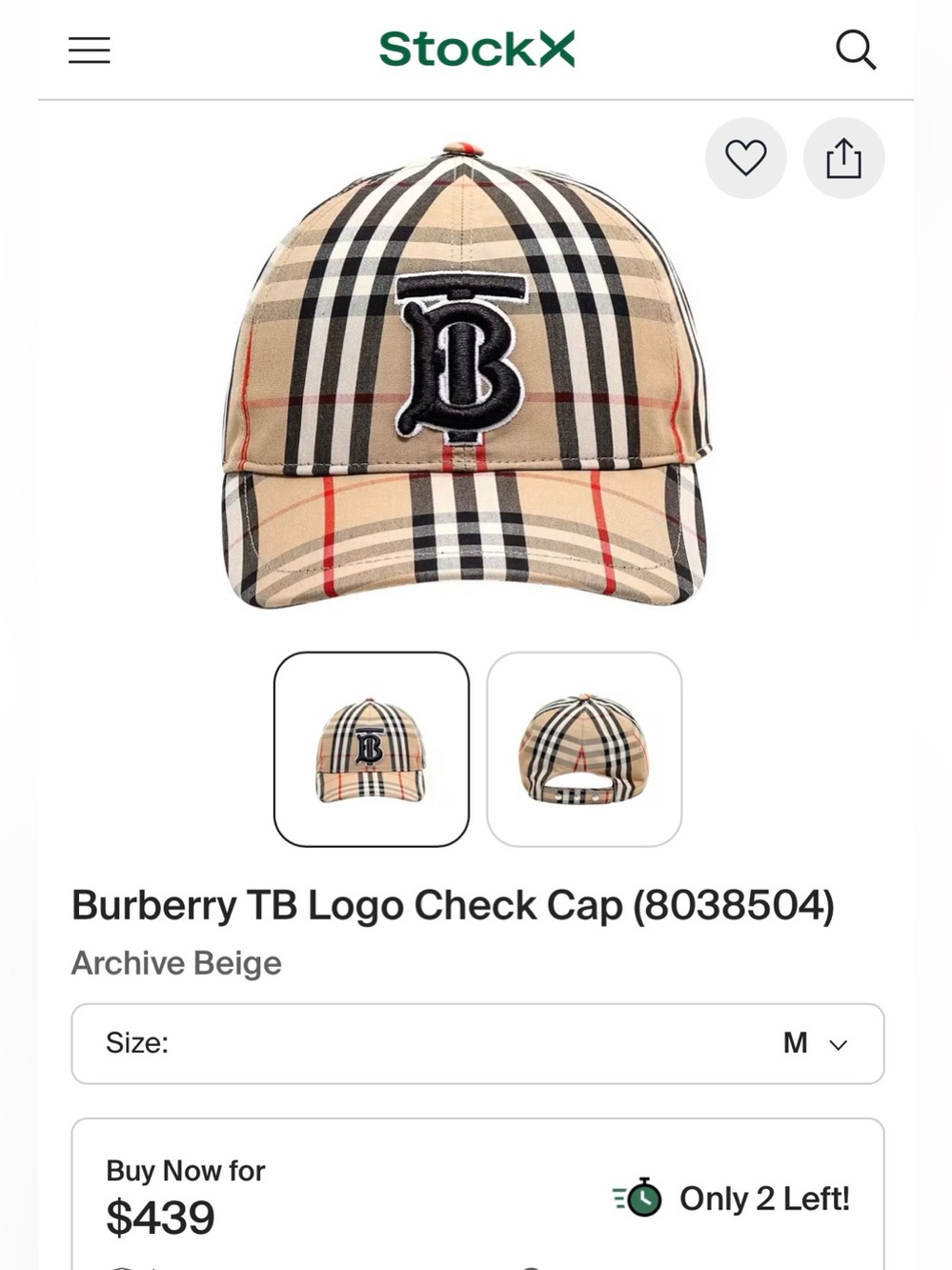 Burberry Archive Beige Check Cap with Black TB Patch and Red Stripe